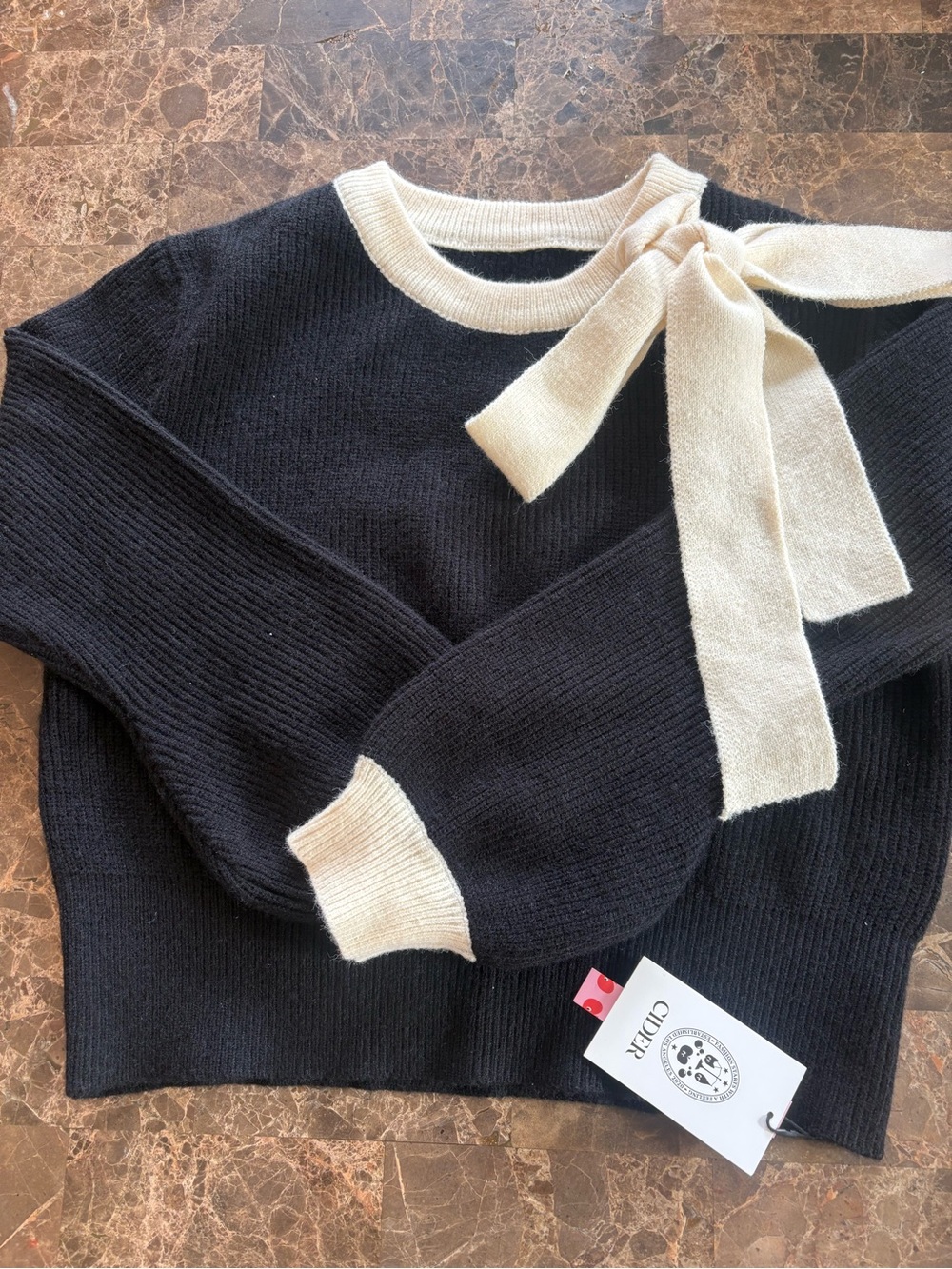Cider Black Sweater with Cream Bow Trim
